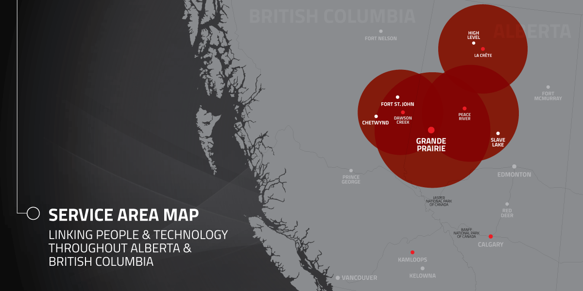 Service area map showing offices in Grande Prairie, Dawson Creek, Peace River, and La Crete